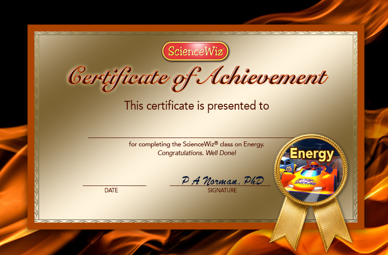 ScienceWiz Energy Certificate of Achievement