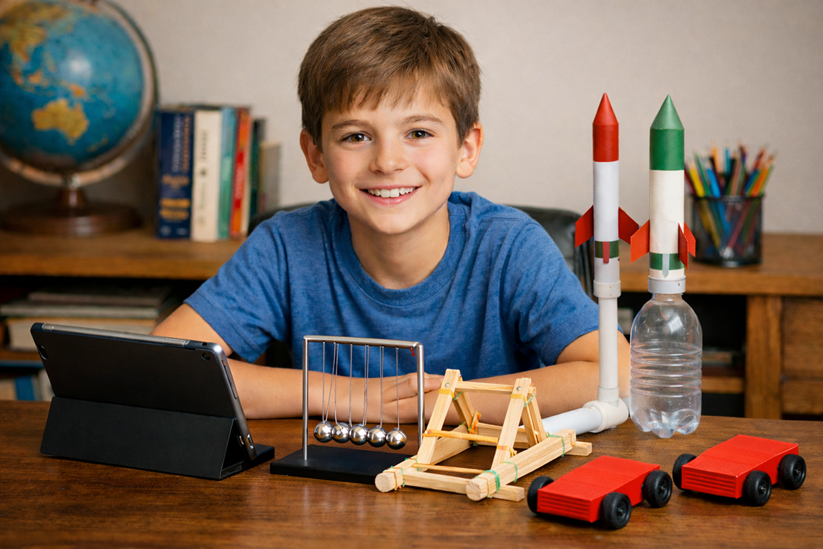 Middle grade student working with laptop and science materials