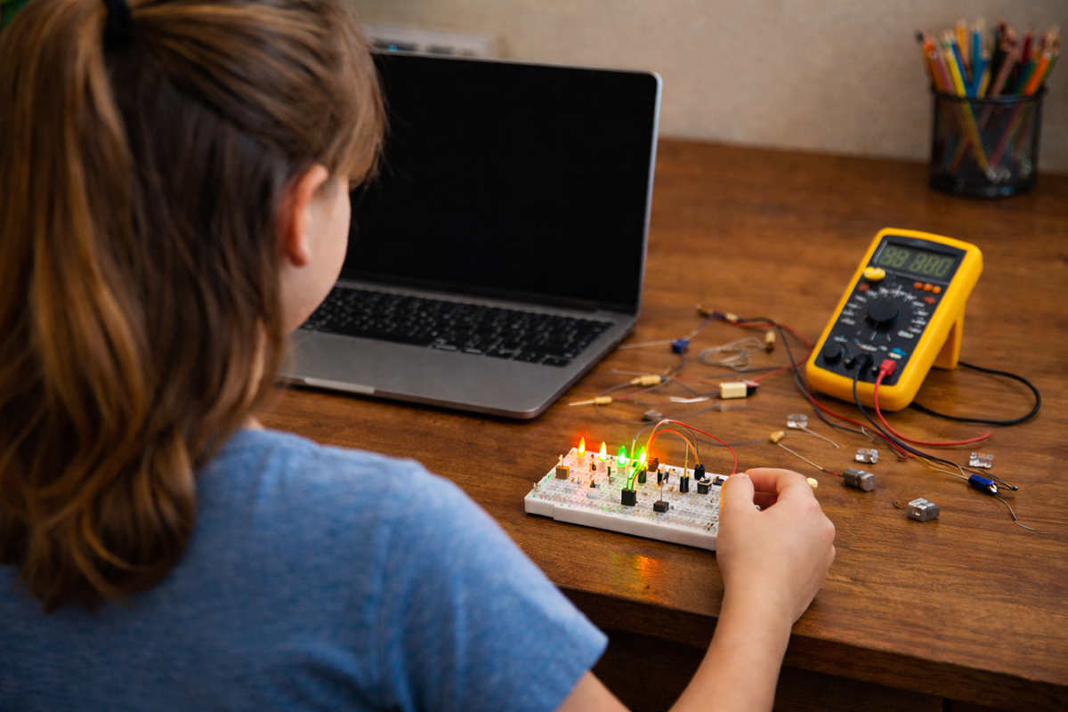 Parent and older child doing science together