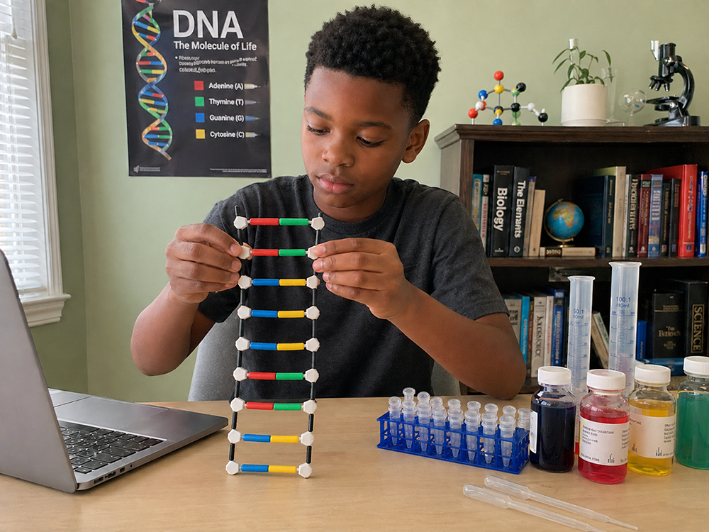 Student exploring biology, geology, fossils, or space science
